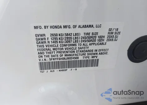 2018 Honda Pilot Elite из США, поврежденный, VIN 5FNYF6H06JB024508